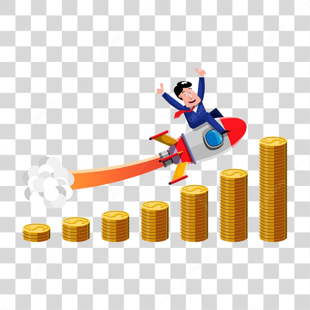 Desenho de um empresário montado em um foguete sobre moedas