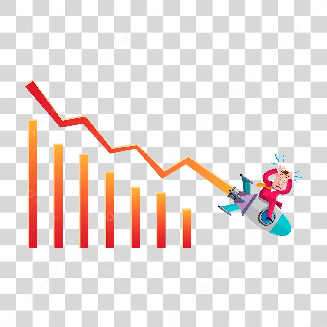 Desenho de um gráfico com demonstração de queda nos negócios com um empresário montado em um foguete