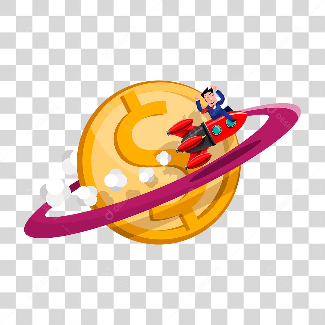 Desenho de um empresário montado em foguete rumo ao símbolo do dinheiro