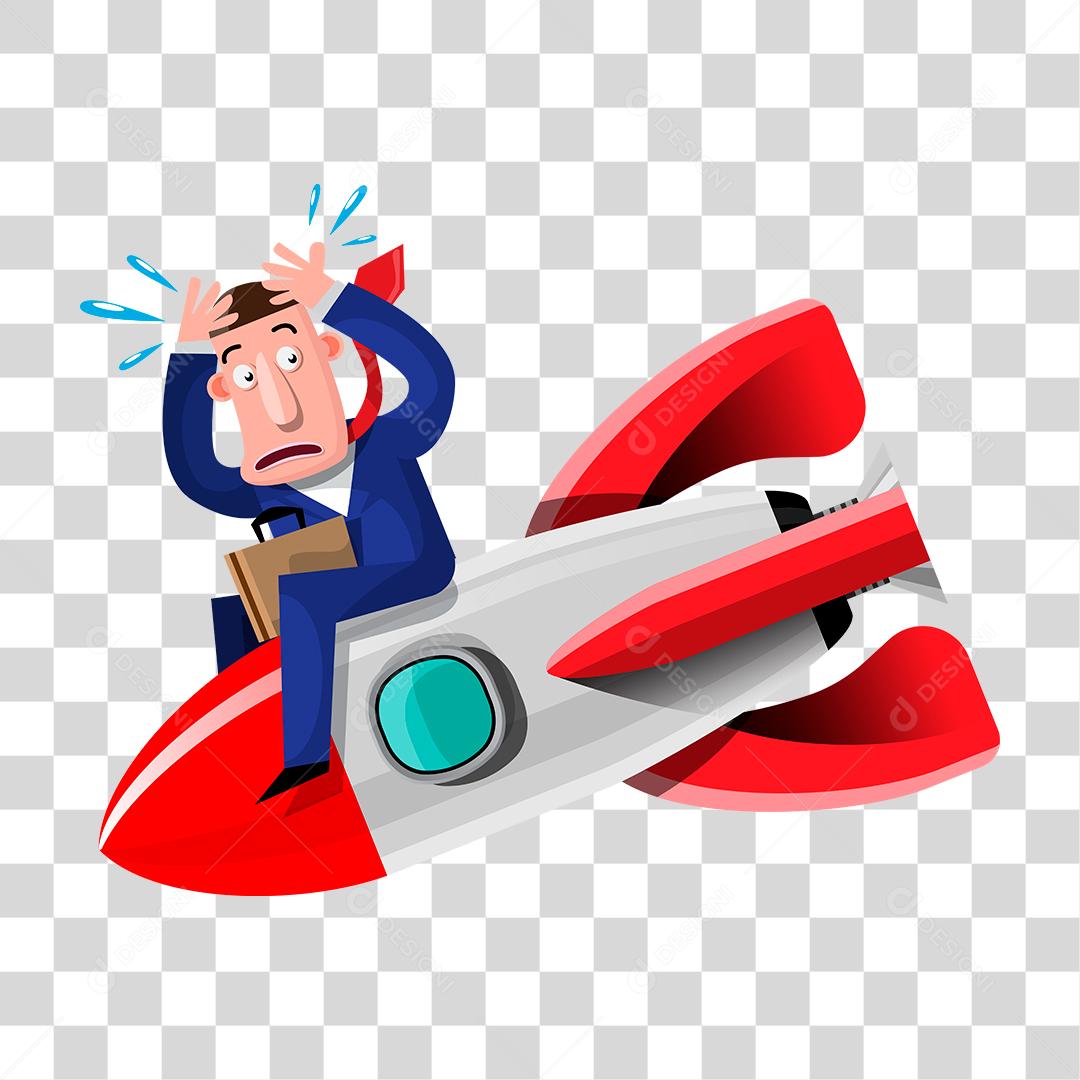 Desenho de um empresário montado em foguete