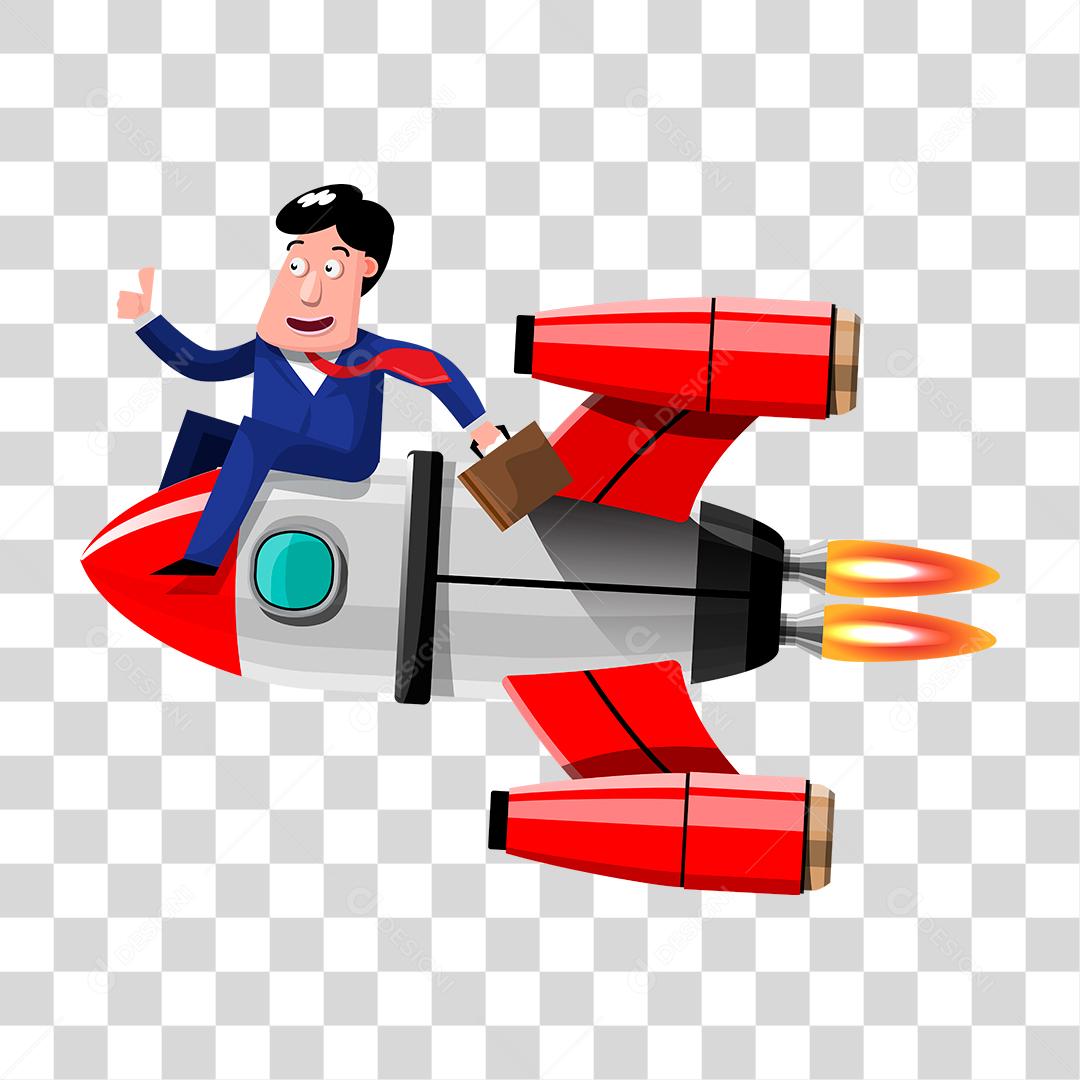 Desenho de um empresário montado em foguete