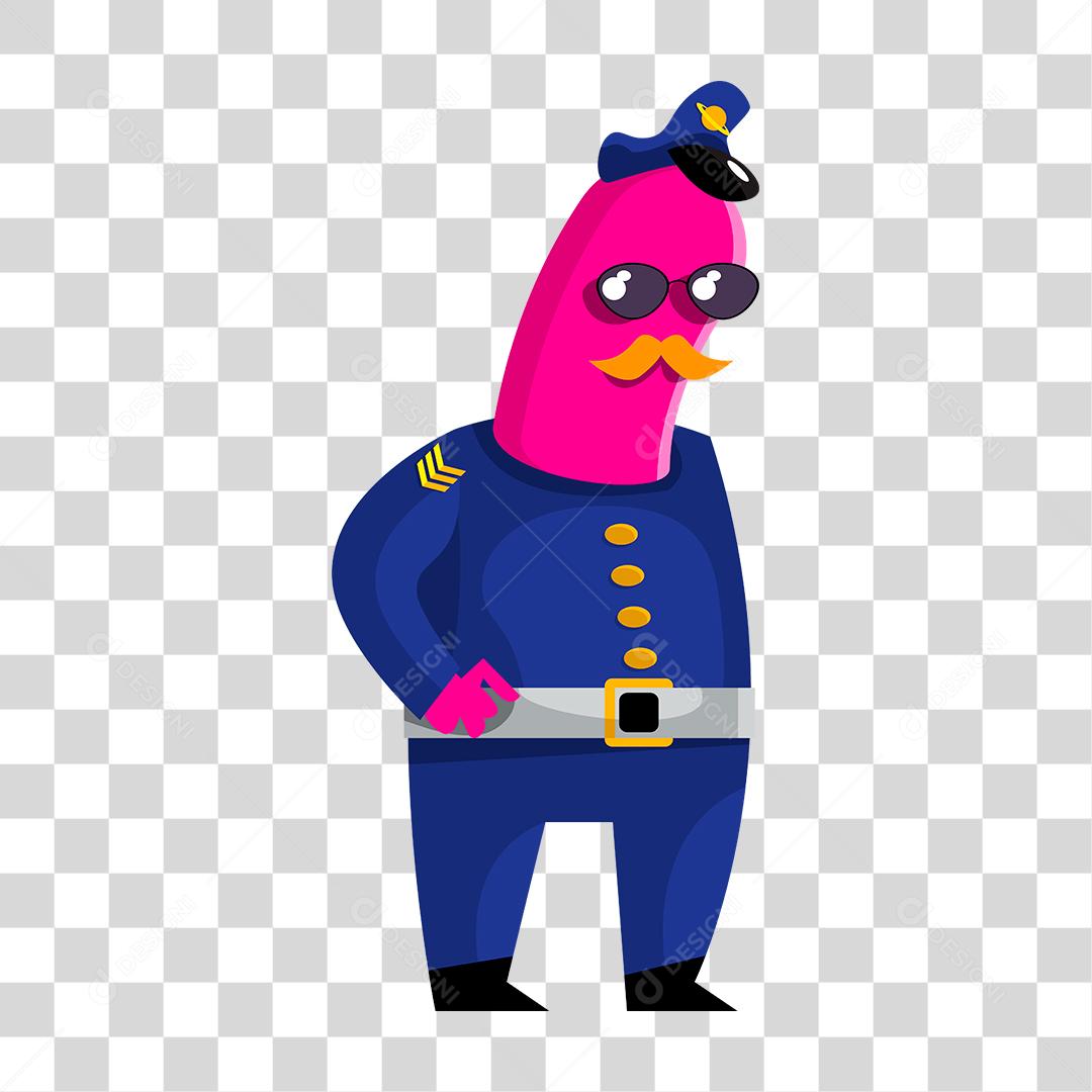 Desenho de um ser roxo vestido de policial