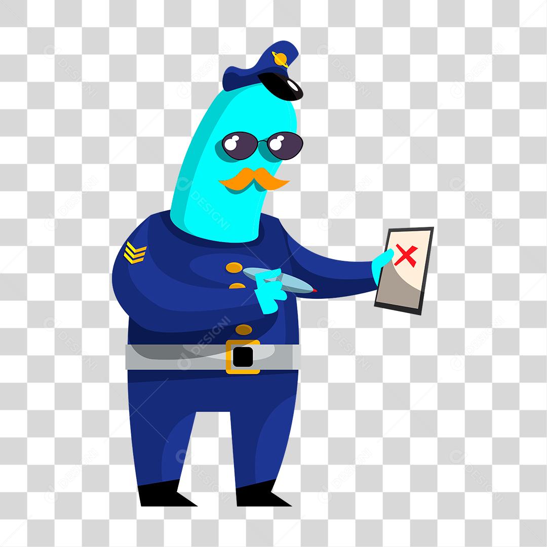Desenho de um ser azul vestido de policial