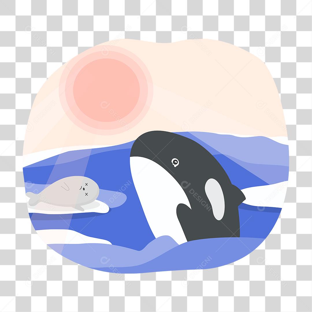 Desenho de baleia nandando sobre mar