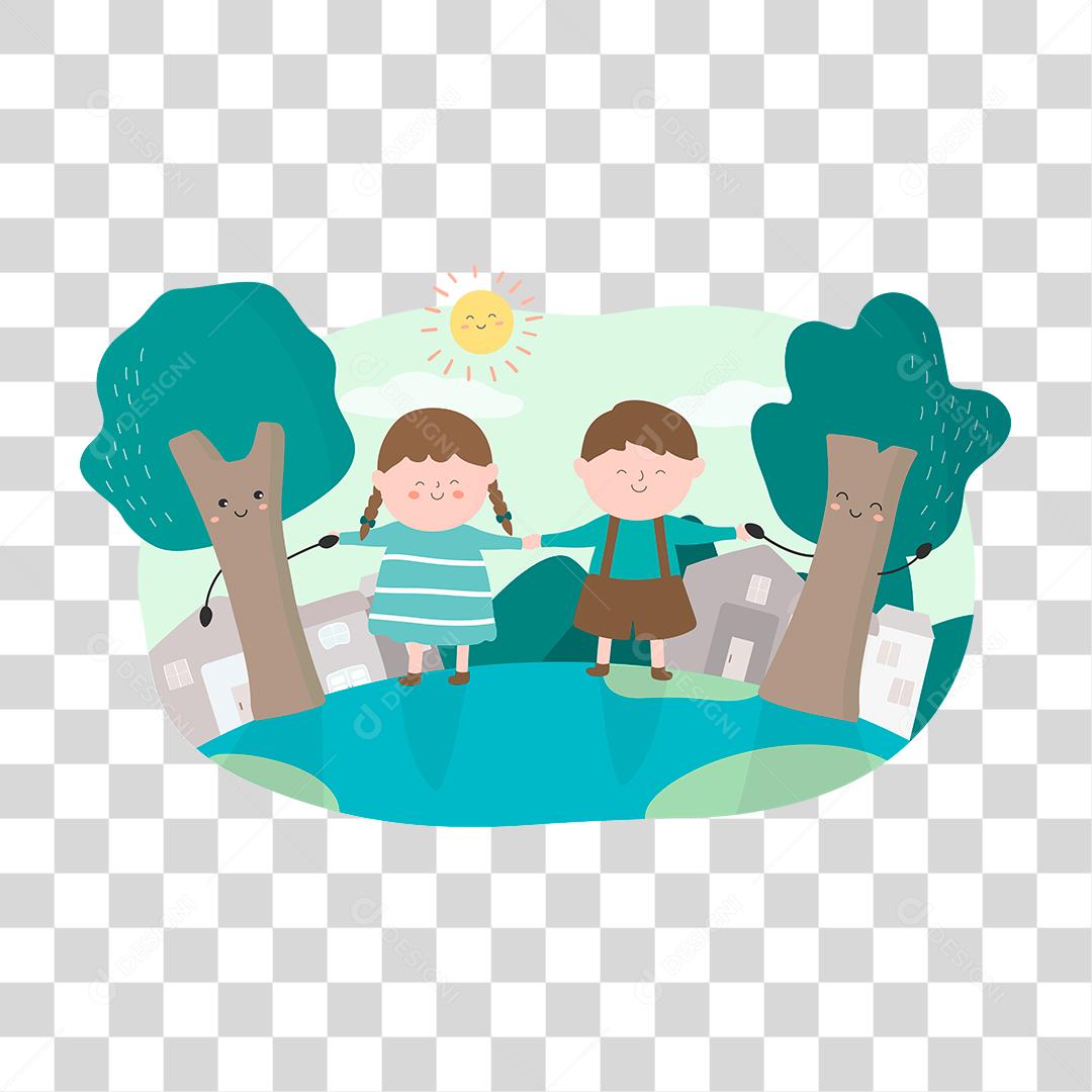 desenho de duas crianças de mãos dadas curtindo o dia na natureza