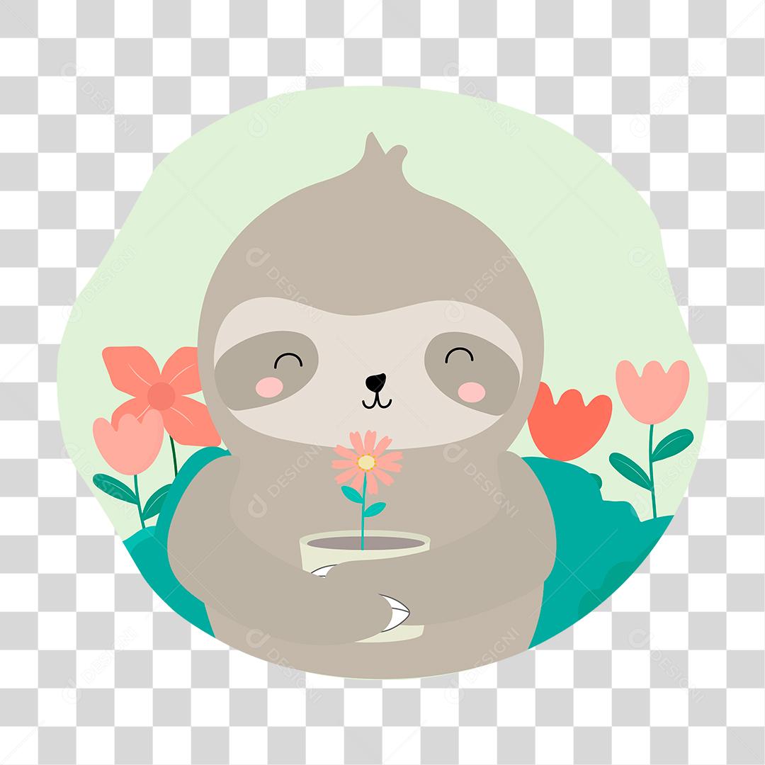 desenho fofo de uma preguiça segurando um jarro flor