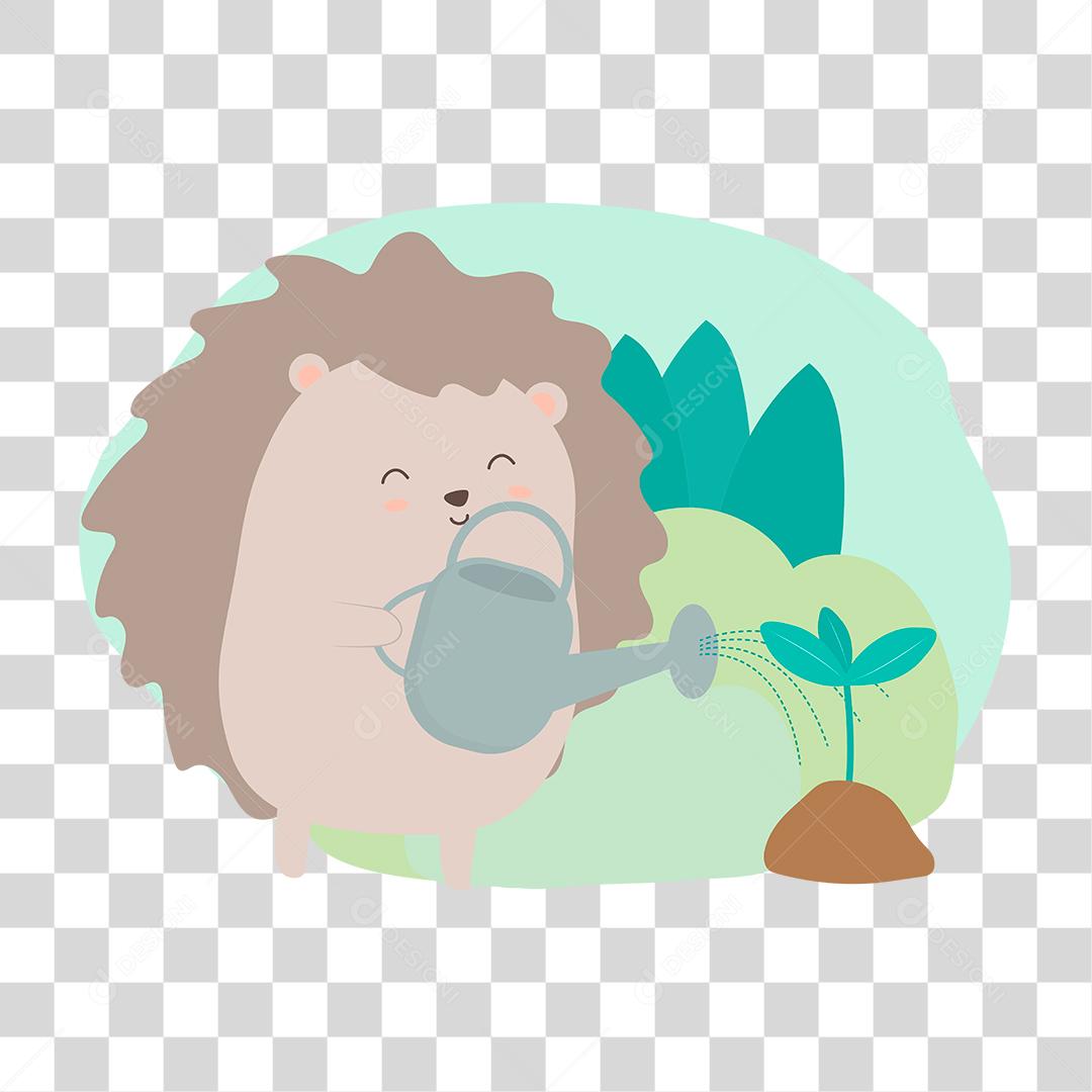 desenho fofo de um porco espinho preguiça aguando as plantinhas