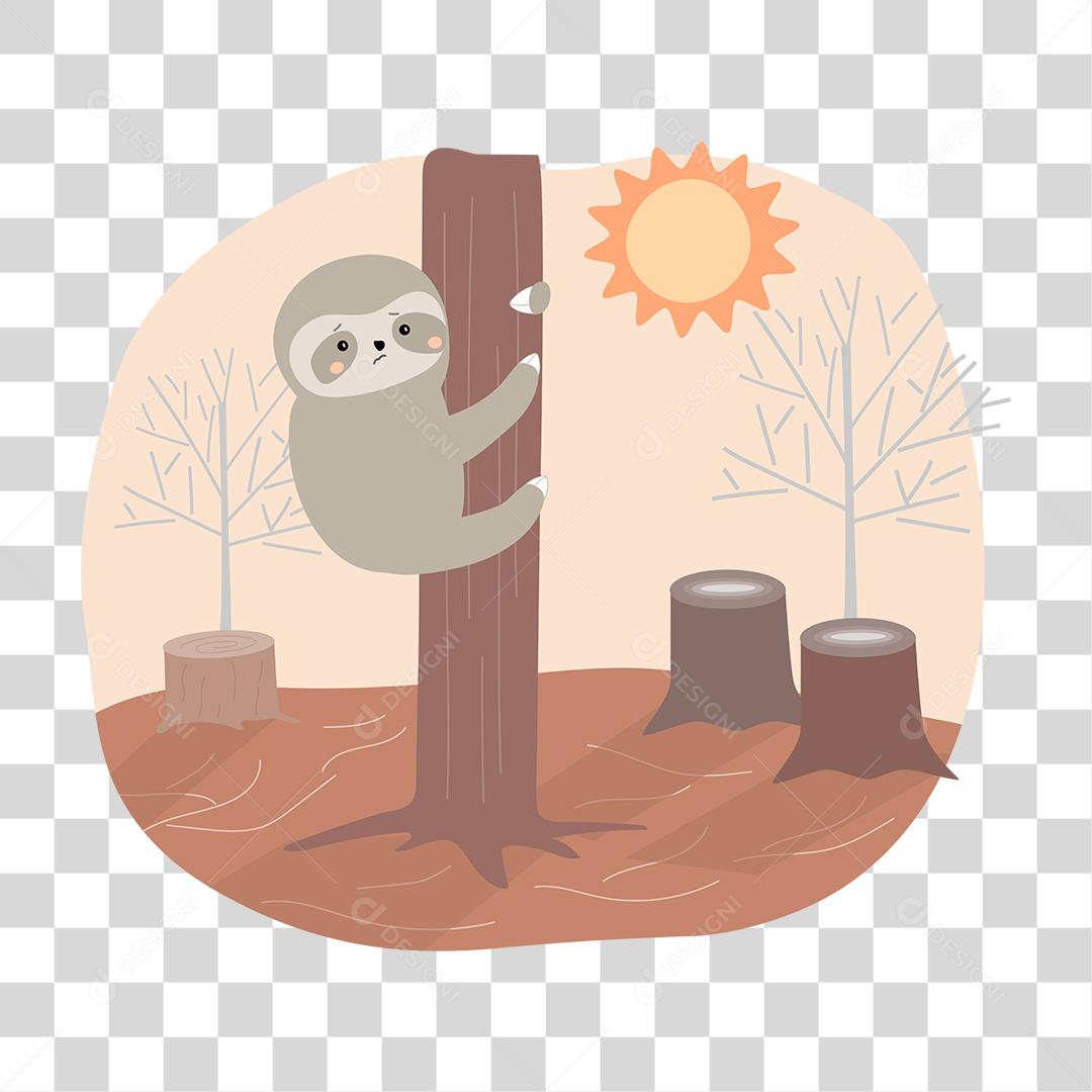 desenho de uma preguiça triste com as consequências do desmatamento