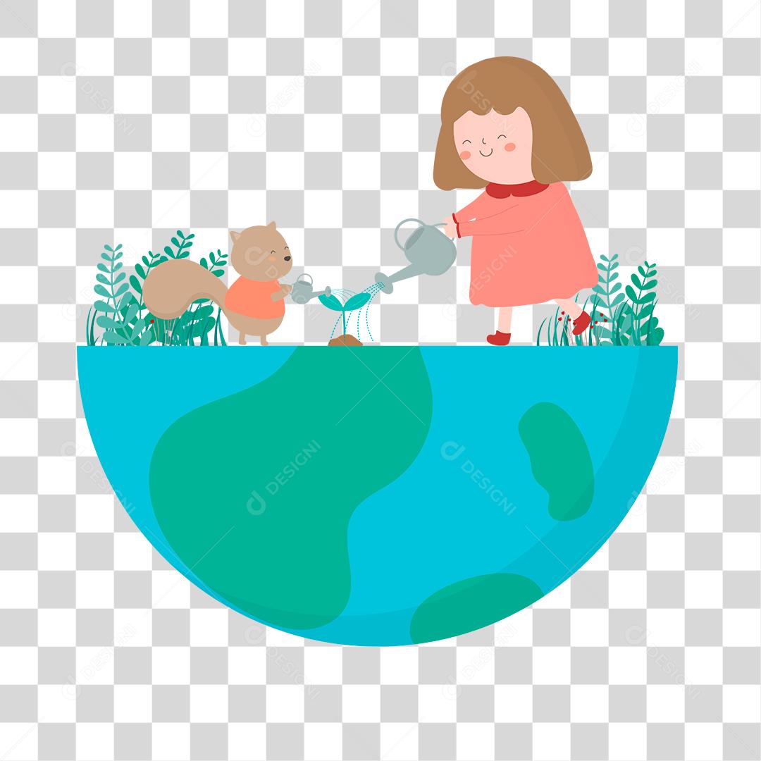 Desenho do planeta terra com uma menina aguando plantas