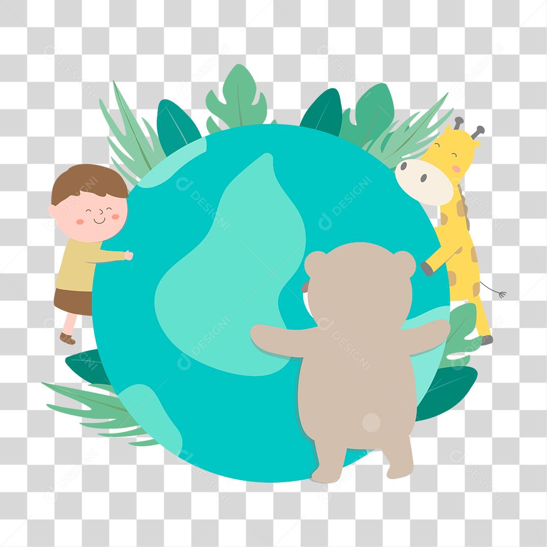 Desenho de uma criança juntamente com animais abraçando o planeta terra
