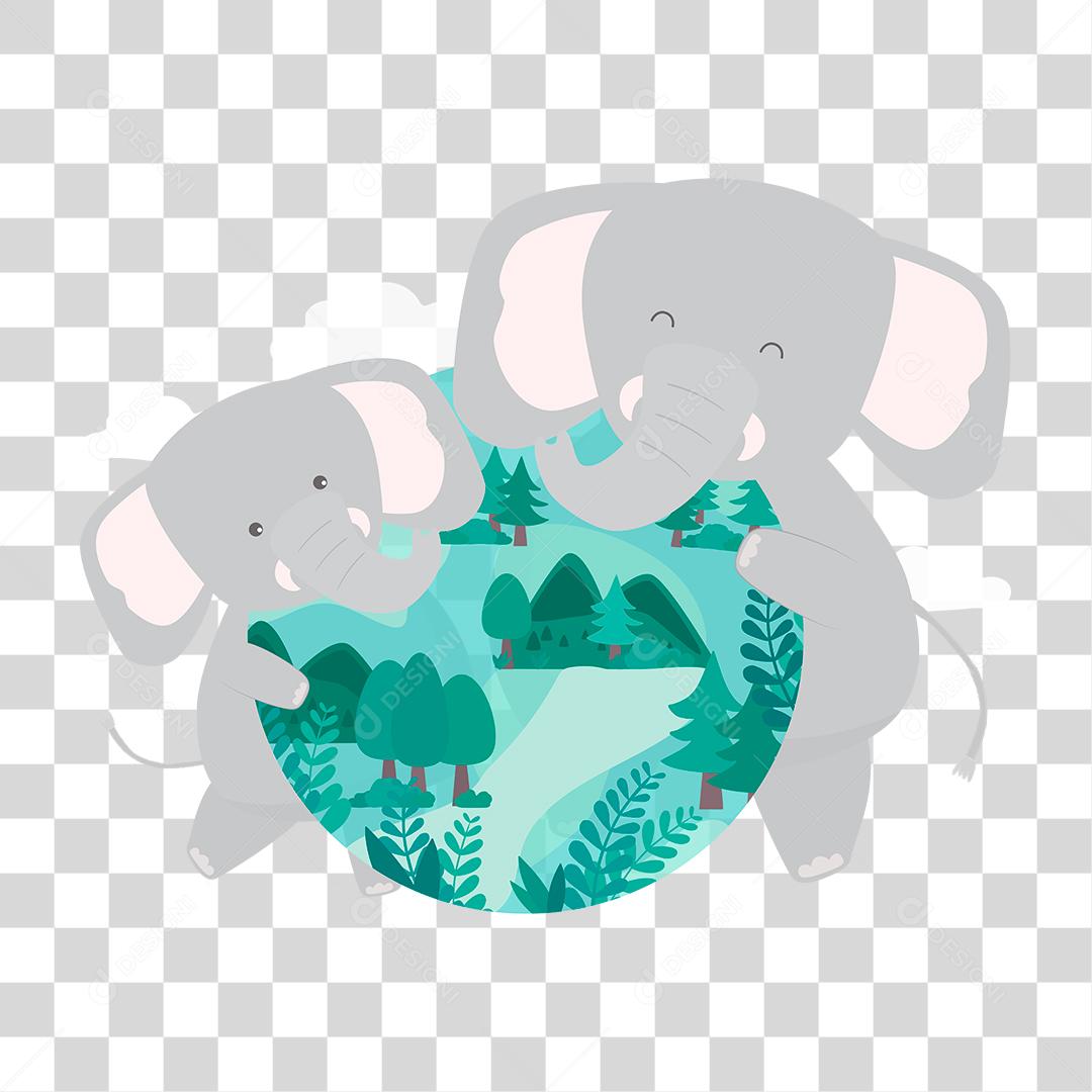 Desenho de dois elefantes abraçando o planeta terra