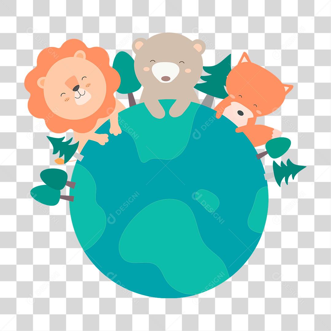 Desenho de animais abraçando o planeta terra