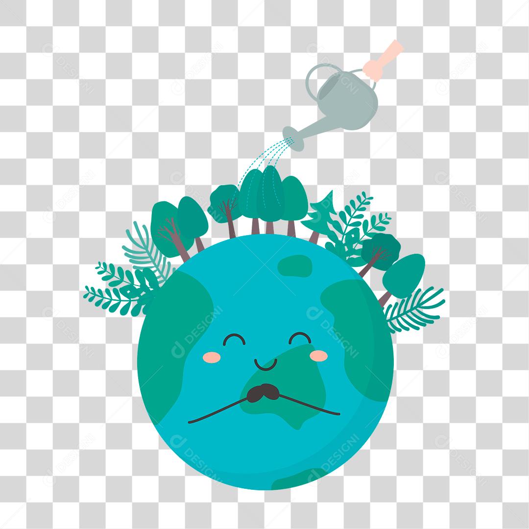 Desenho de uma mão aguando as florestas do planeta terra