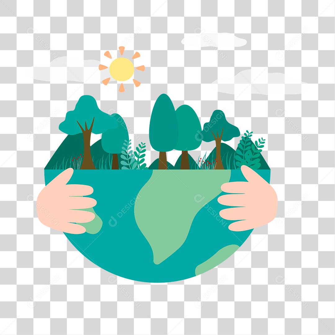 Desenho de uma mão abraçado o planeta terra com as florestas