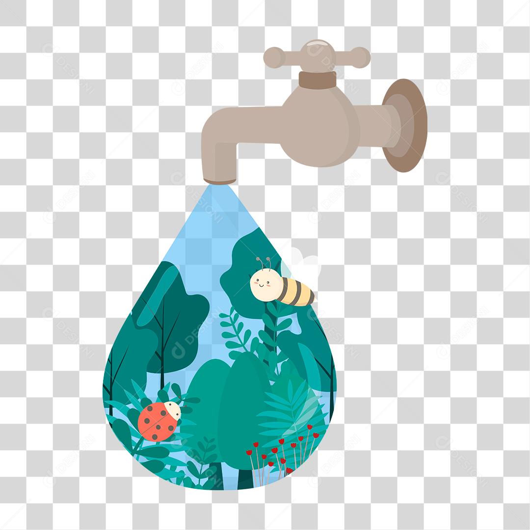 Desenho de uma torneira saindo agua com reflexo das florestas do planeta terra