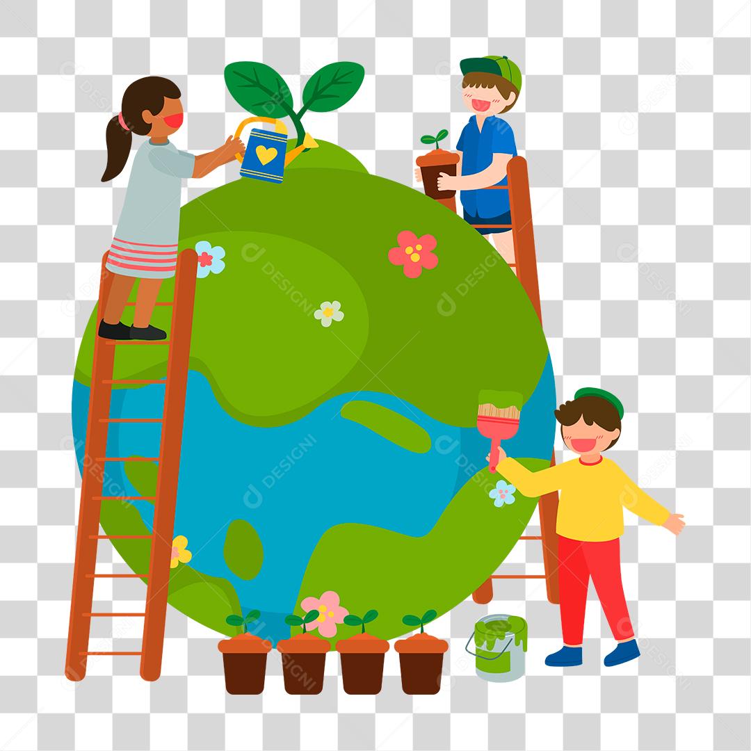 Desenho de algumas criança ajudando a construir um planeta terra
