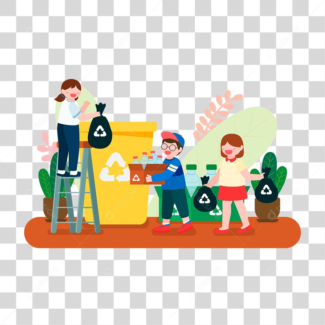 Desenho de algumas crianças ajudando na separação do lixo para reciclagem