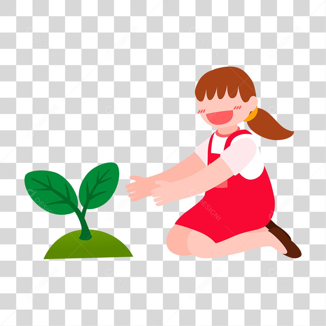 Drawing happy girl planting