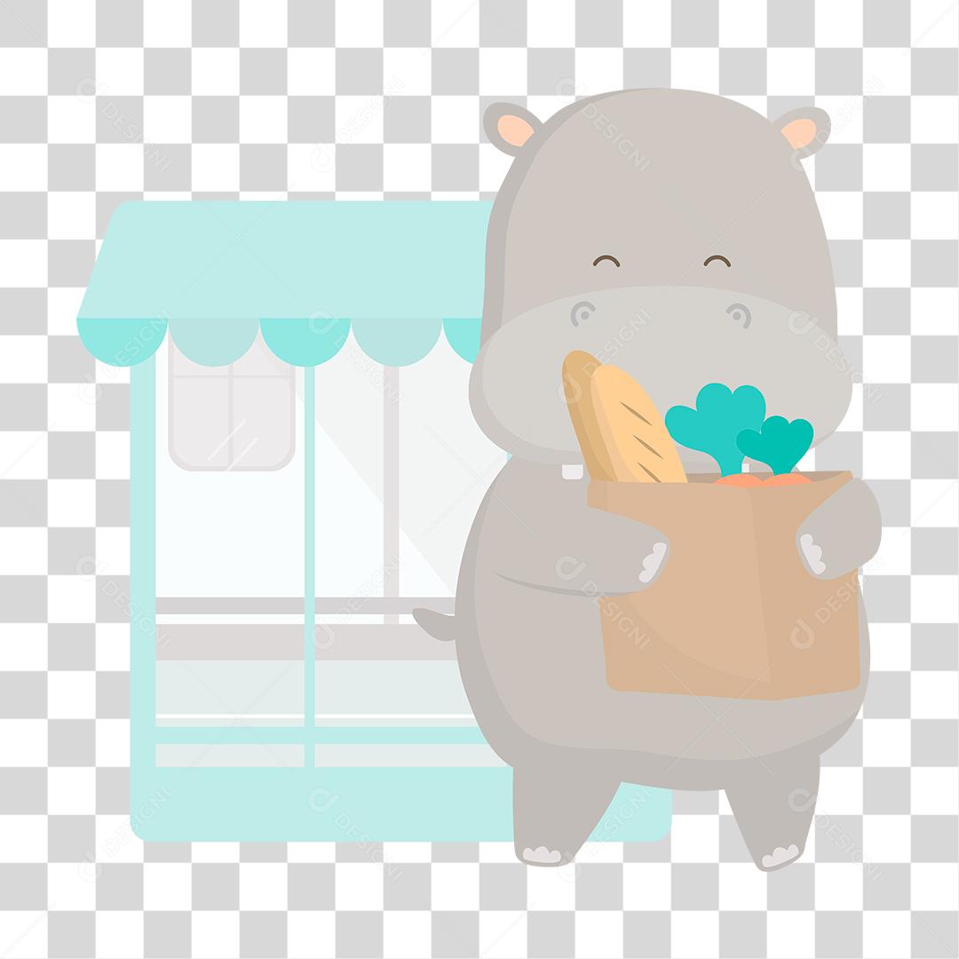 Desenho de hipopótamo animal segurando sacolas