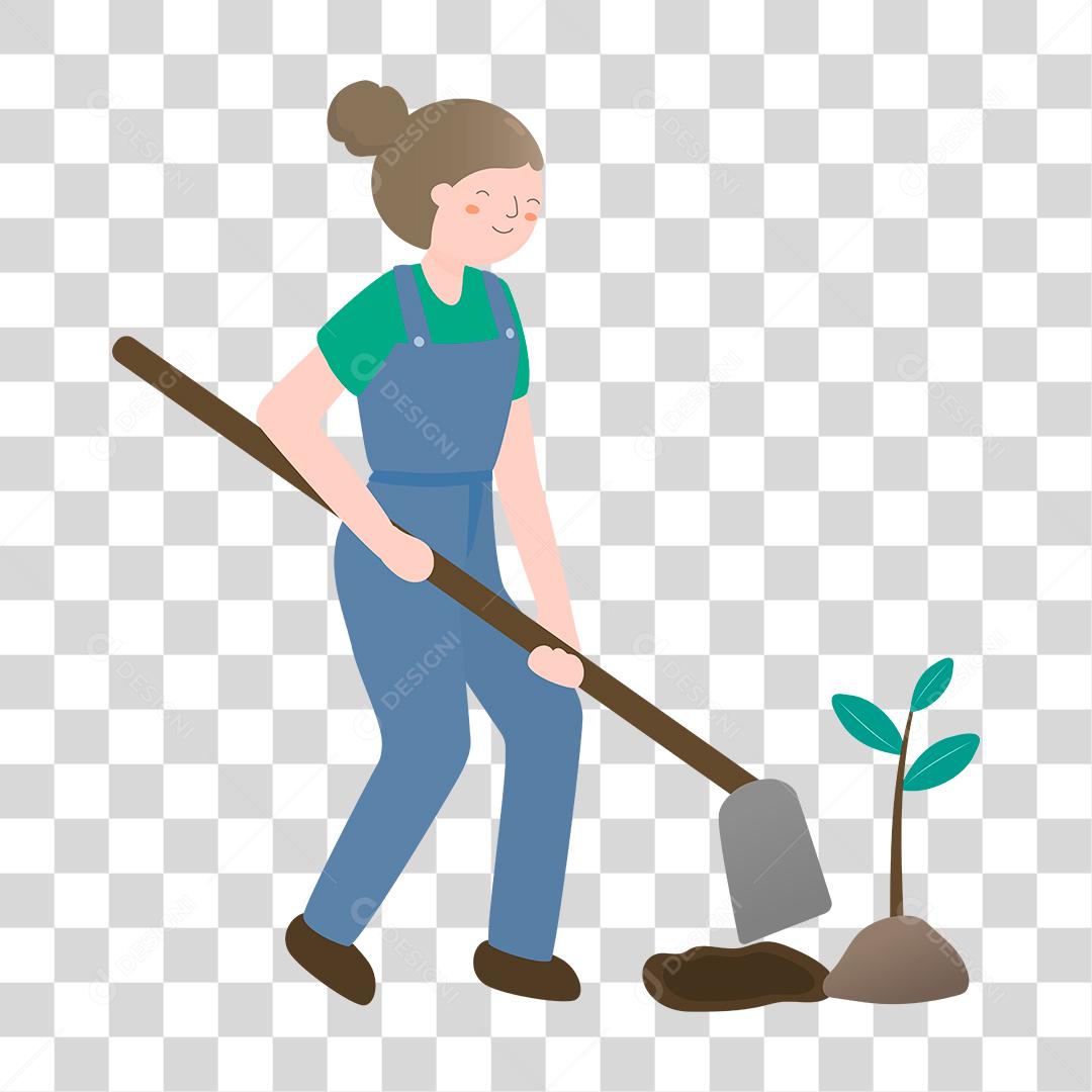 Desenho de mulher plantando plantas