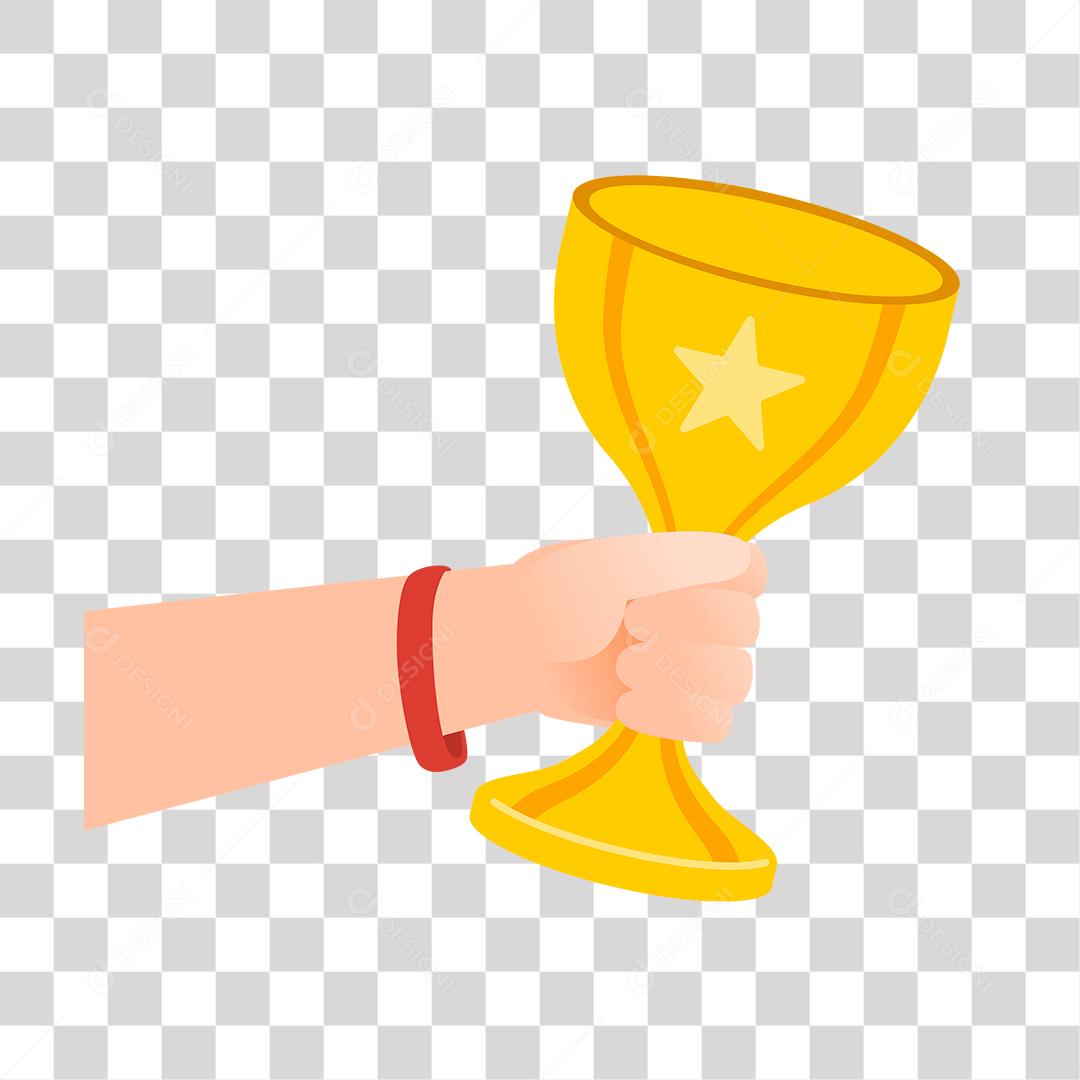 Desenho de maos pessoa segurando trofeu dourado