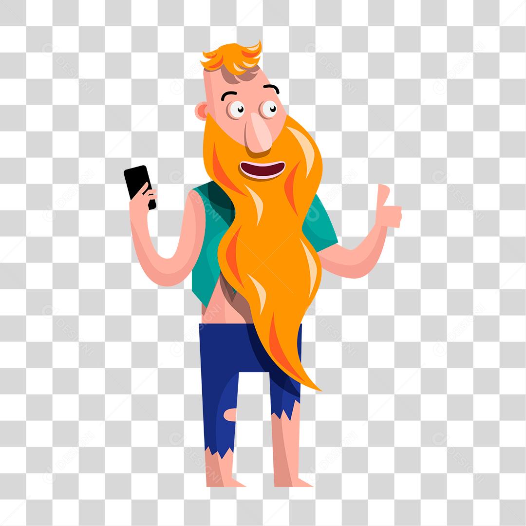 Desenho de um homem com roupas rasgadas e barba grande