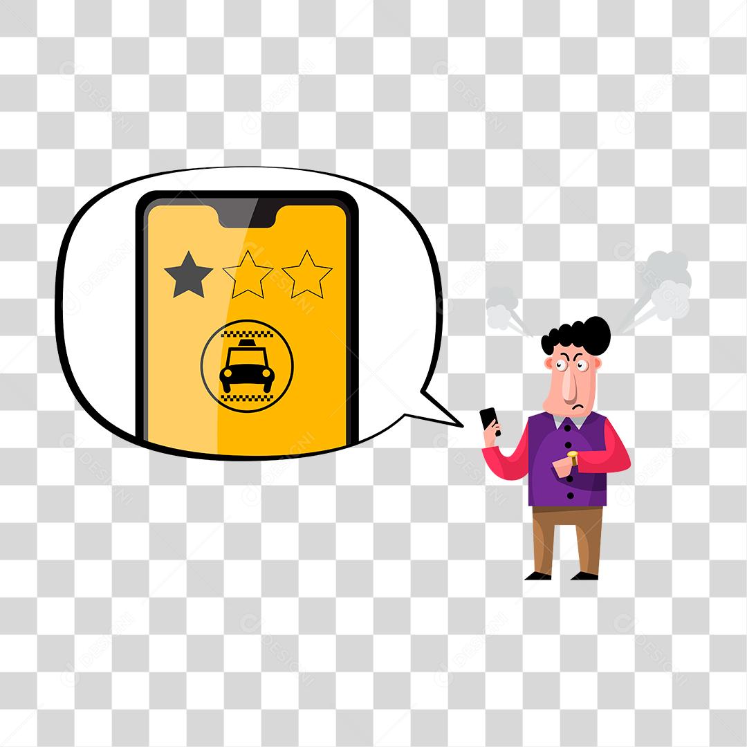 desenho de um homem vendo no celular que um taxista tem apenas 1 estrela