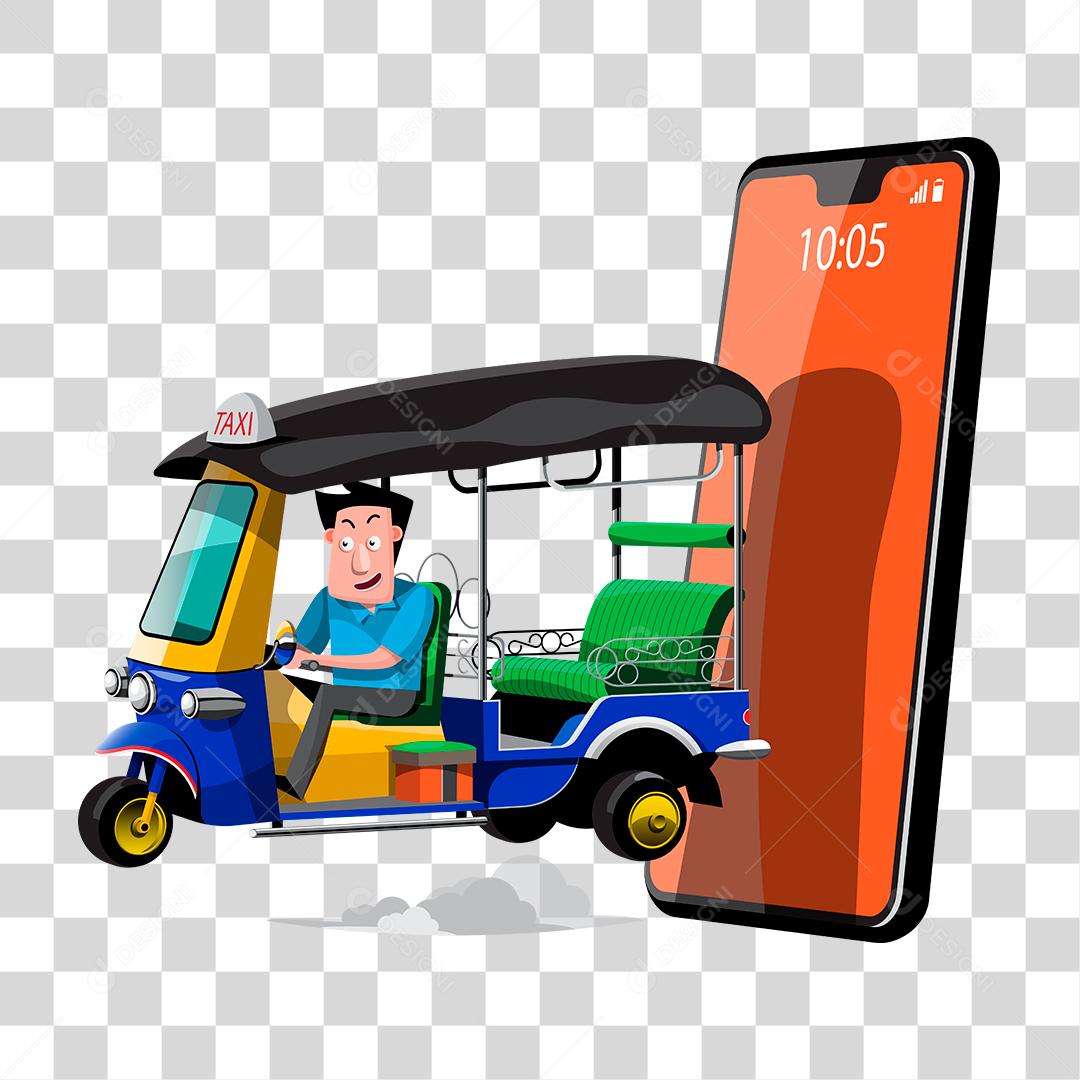 Desenho de um taxi carrinho com motorista saindo de um celular