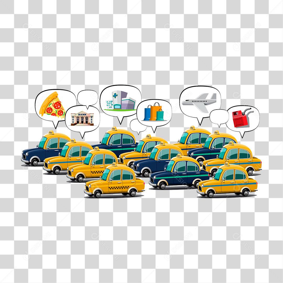 Desenho de vários taxis com pensamentos diversos