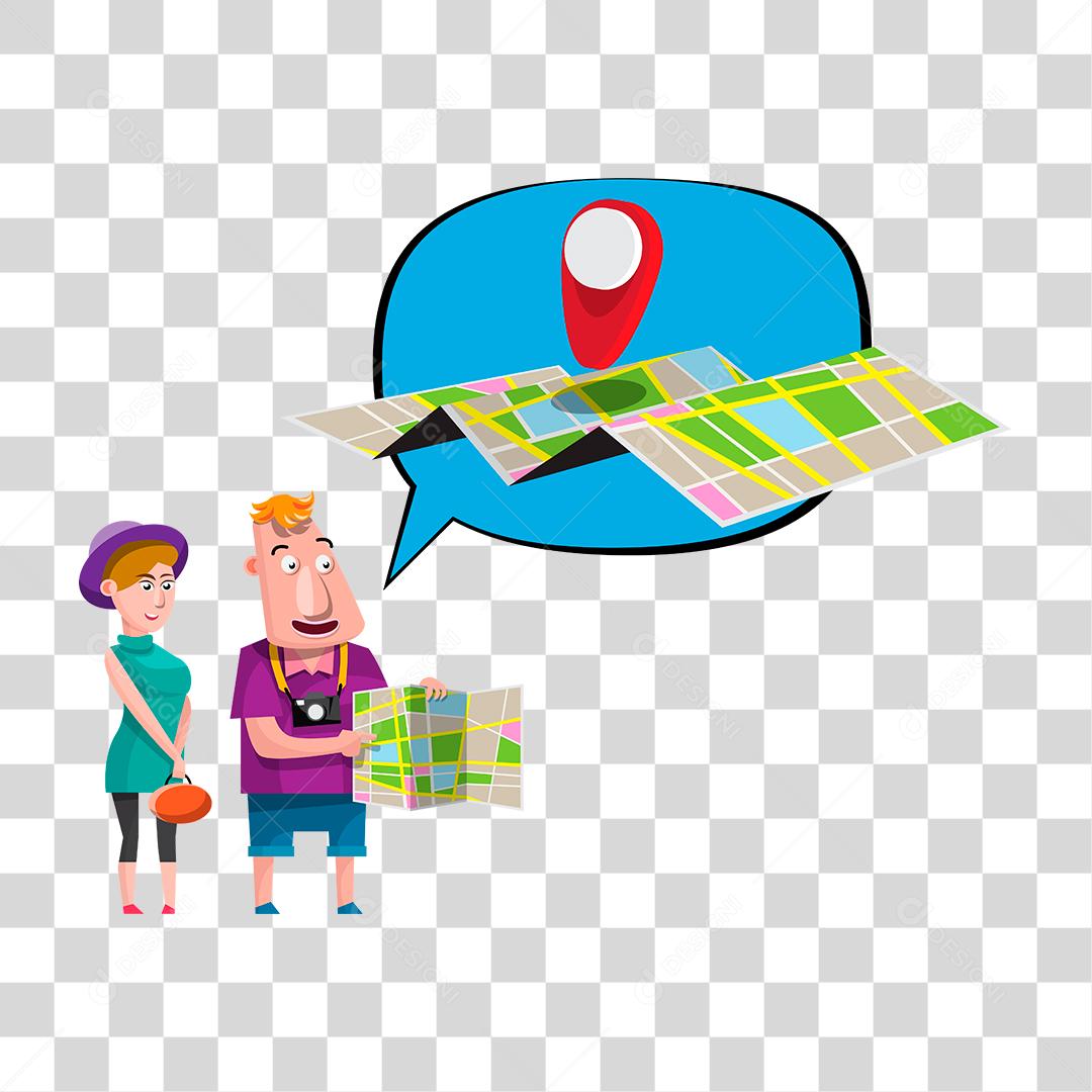 Desenho de dois passageiros olhando um mapa esperando o taxi