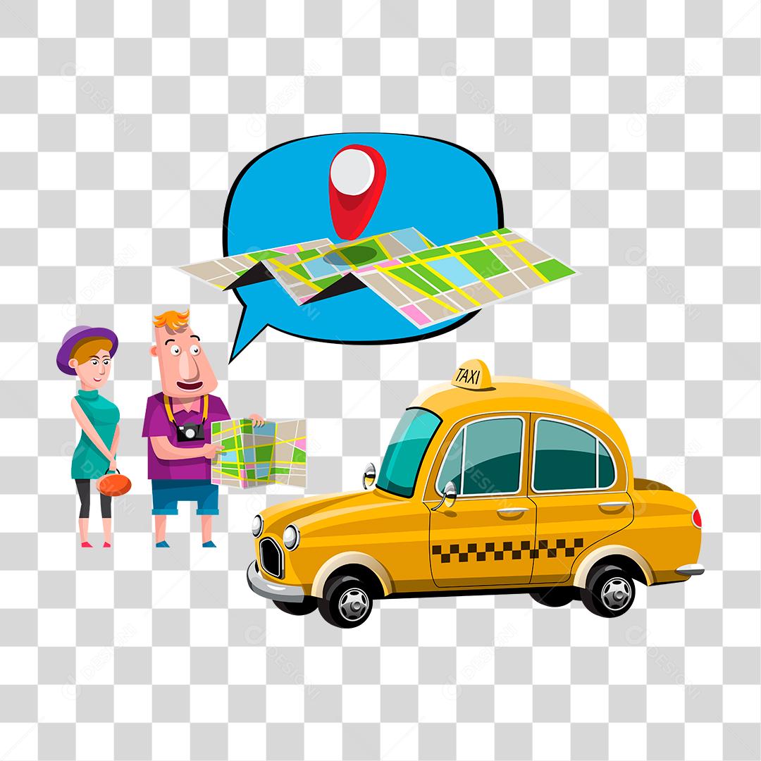 Desenho de dois passageiros olhando um mapa esperando o taxi