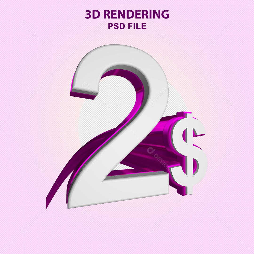 Número 3D 2$ Branco com Textura Roxa Elemento Para Composição PSD