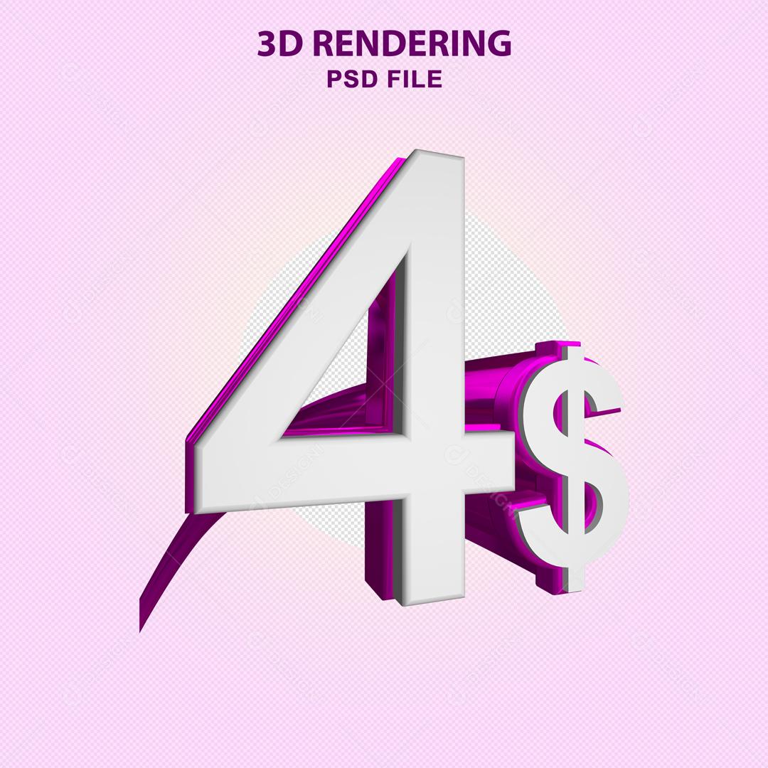 Número 3D 4$ Branco com Textura Roxa Elemento Para Composição PSD