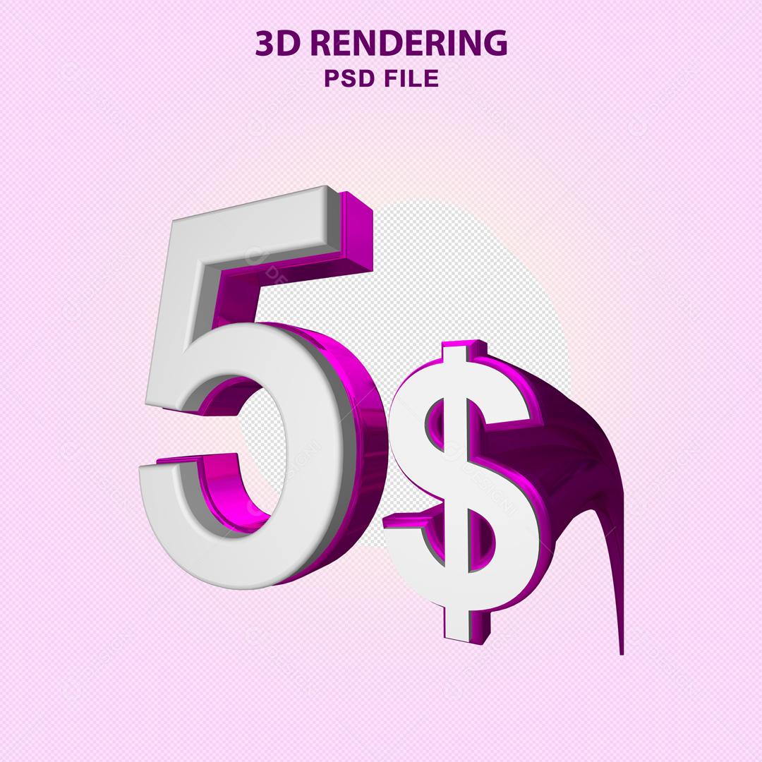 Número 3D 5$ Branco com Textura Roxa Elemento Para Composição PSD