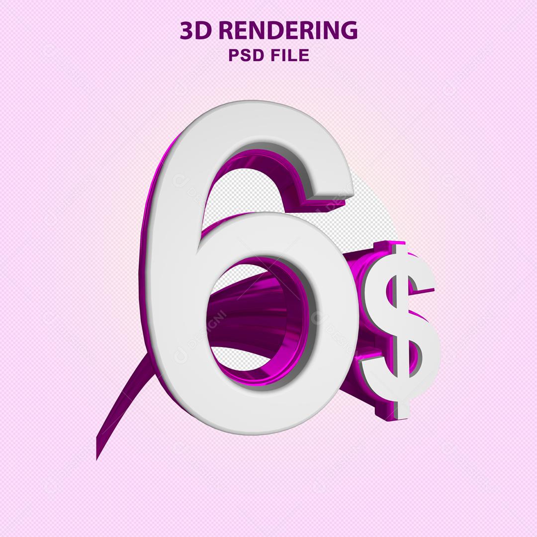 Número 3D 6$ Branco com Textura Roxa Elemento Para Composição PSD