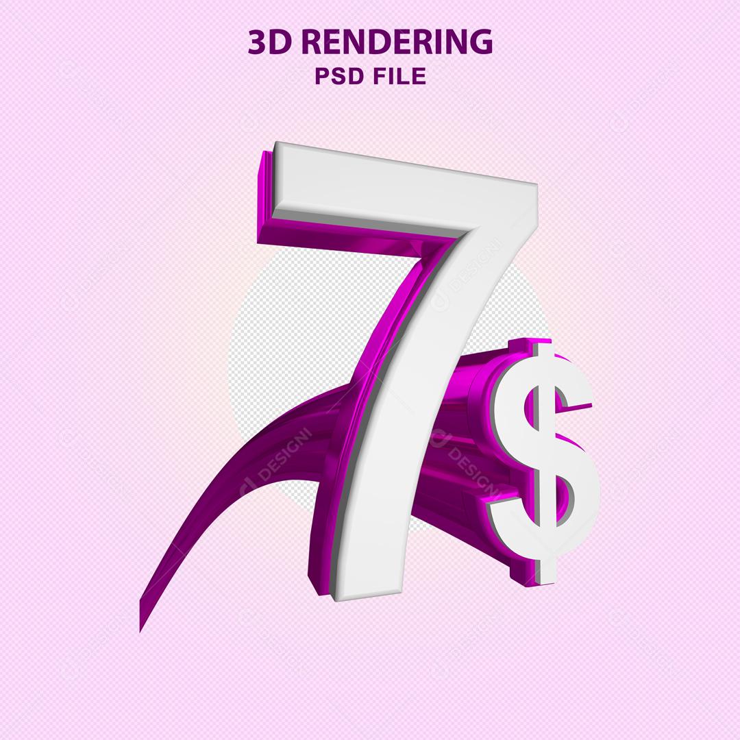 Número 3D 7$ Branco com Textura Roxa Elemento Para Composição PSD
