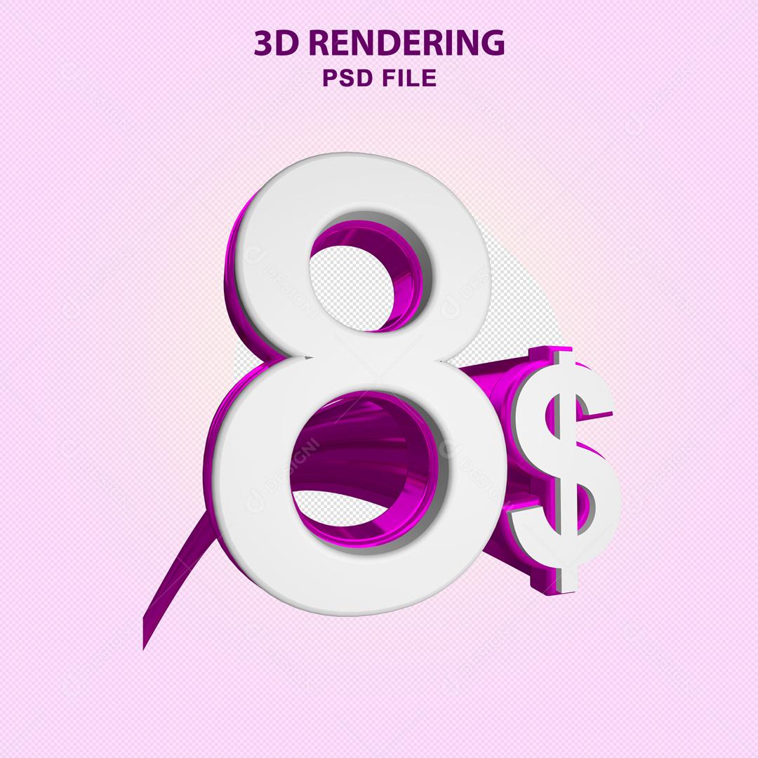 Número 3D 8$ Branco com Textura Roxa Elemento Para Composição PSD