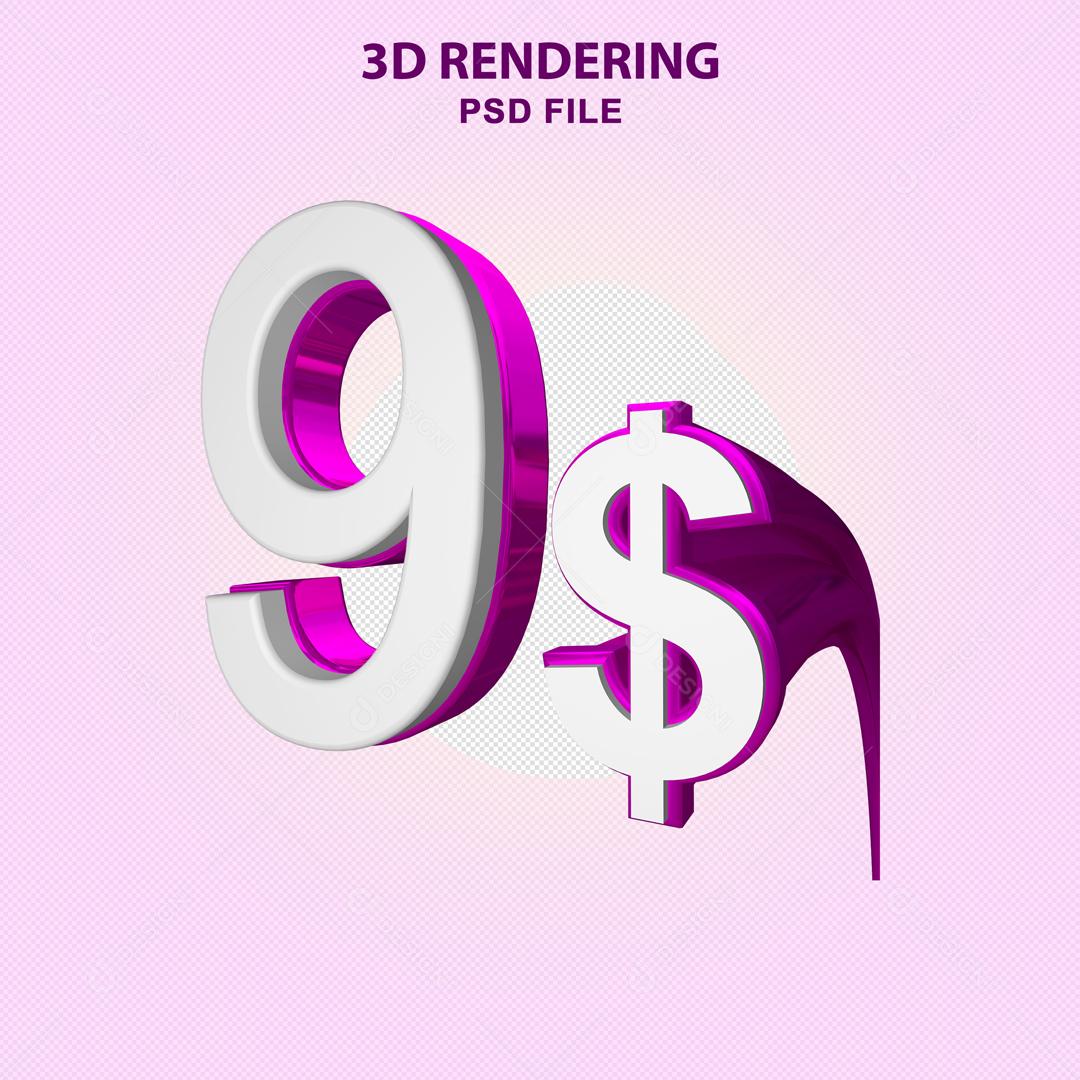 Número 3D 9$ Branco com Textura Roxa Elemento Para Composição PSD