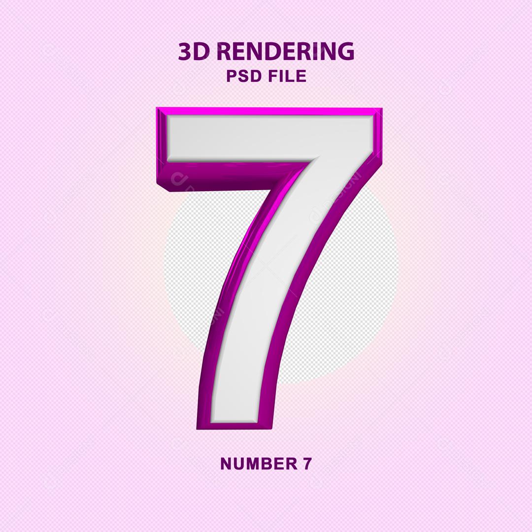 Número 3D 7 Branco com Textura Roxa Para composição PSD