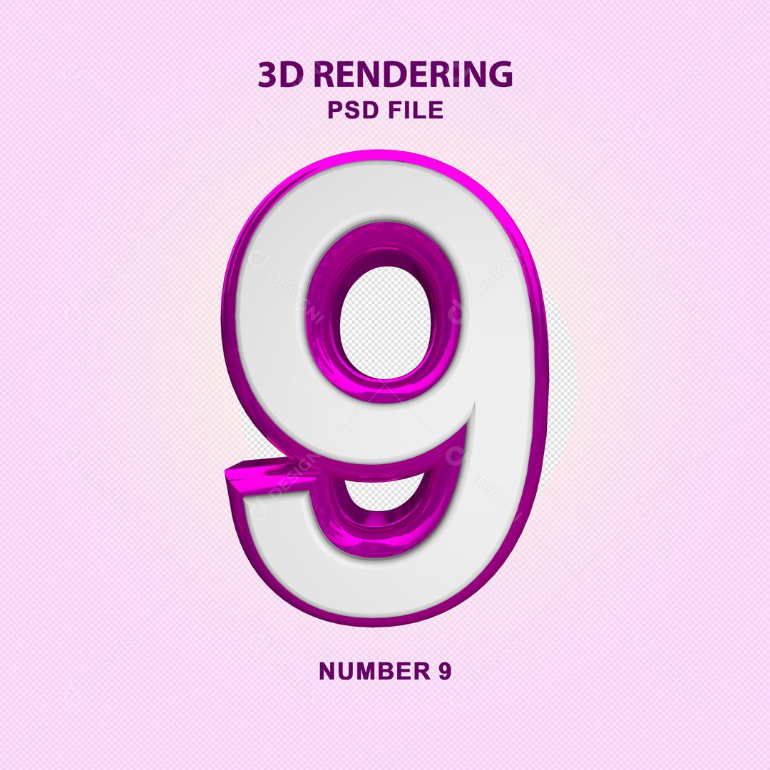 Número 3D 9 Branco com Textura Roxa Para composição PSD