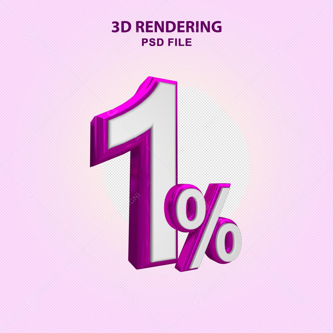 Número 3D 1% Branco com Textura Roxa Elemento Para Composição PSD