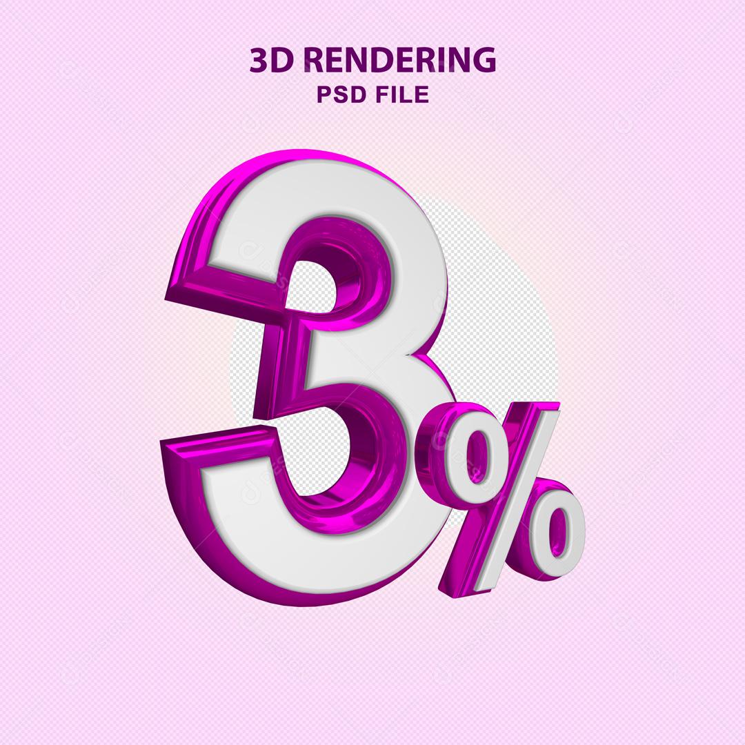 Número 3D 3% Branco com Textura Roxa Elemento Para Composição PSD