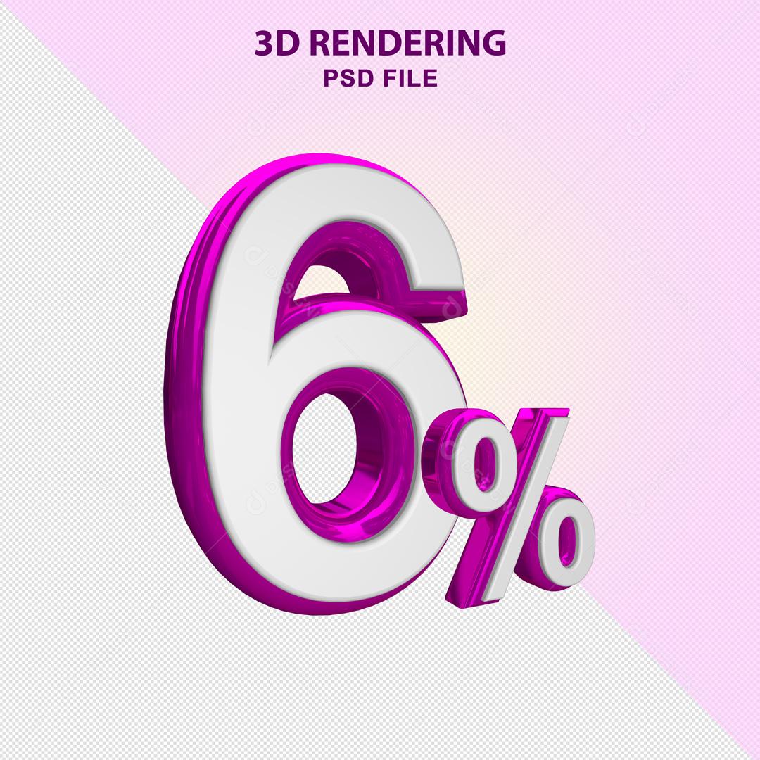 Número 3D 6% Branco com Textura Roxa Elemento Para Composição PSD