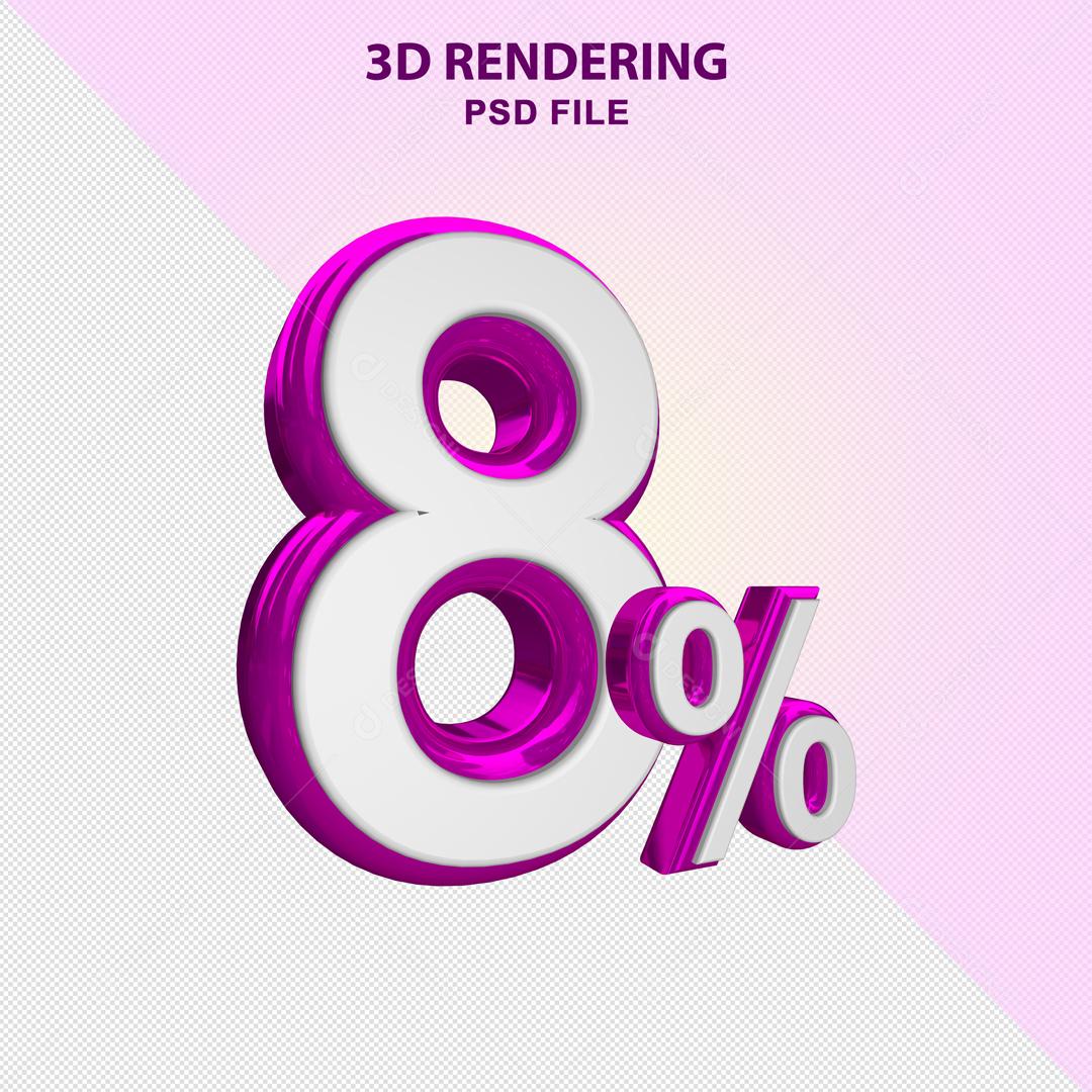 Número 3D 8% Branco com Textura Roxa Elemento Para Composição PSD