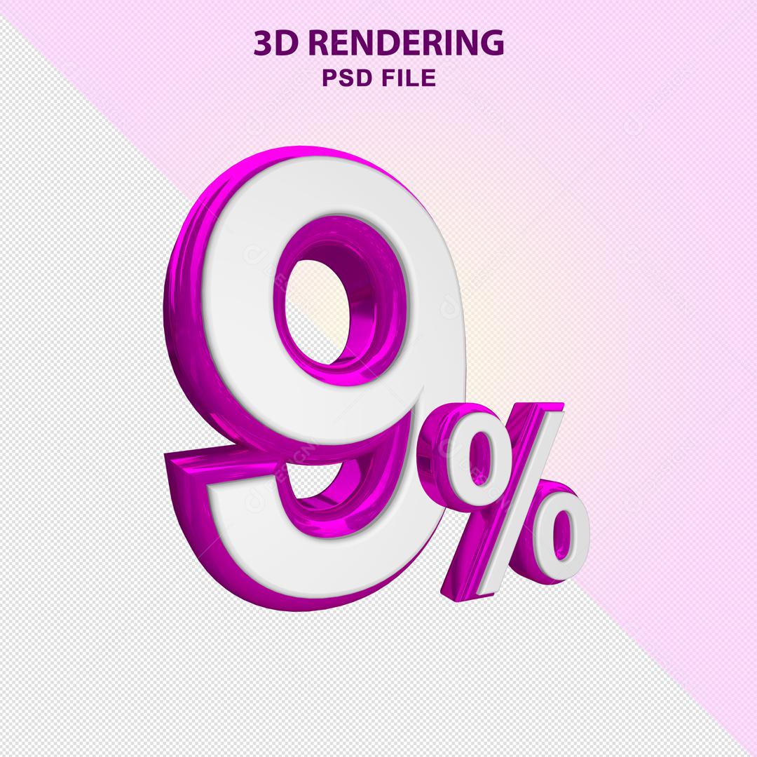 Número 3D 9% Branco com Textura Roxa Elemento Para Composição PSD