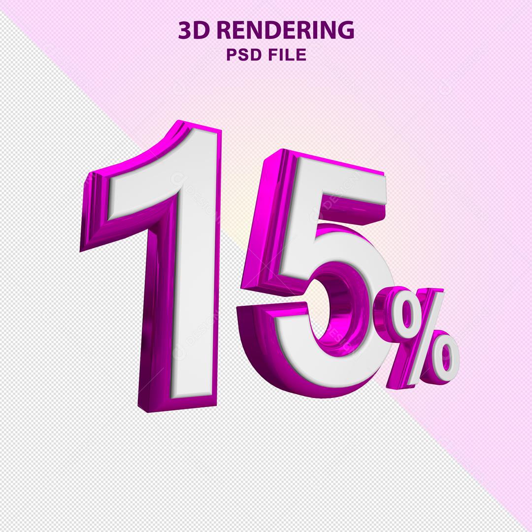 Número 3D 15% Branco com Textura Roxa Elemento Para Composição PSD