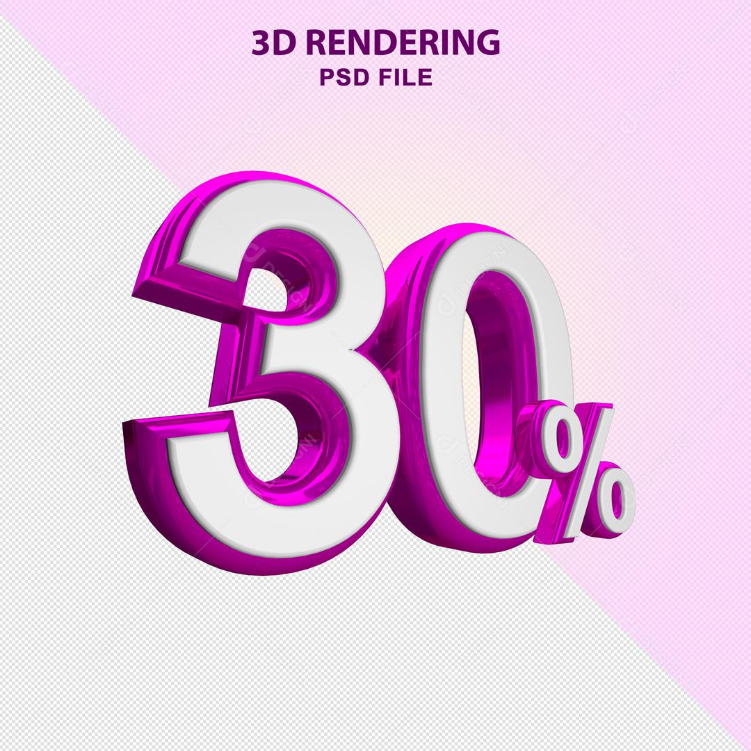 Número 3D 30% Branco com Textura Roxa Elemento Para Composição PSD