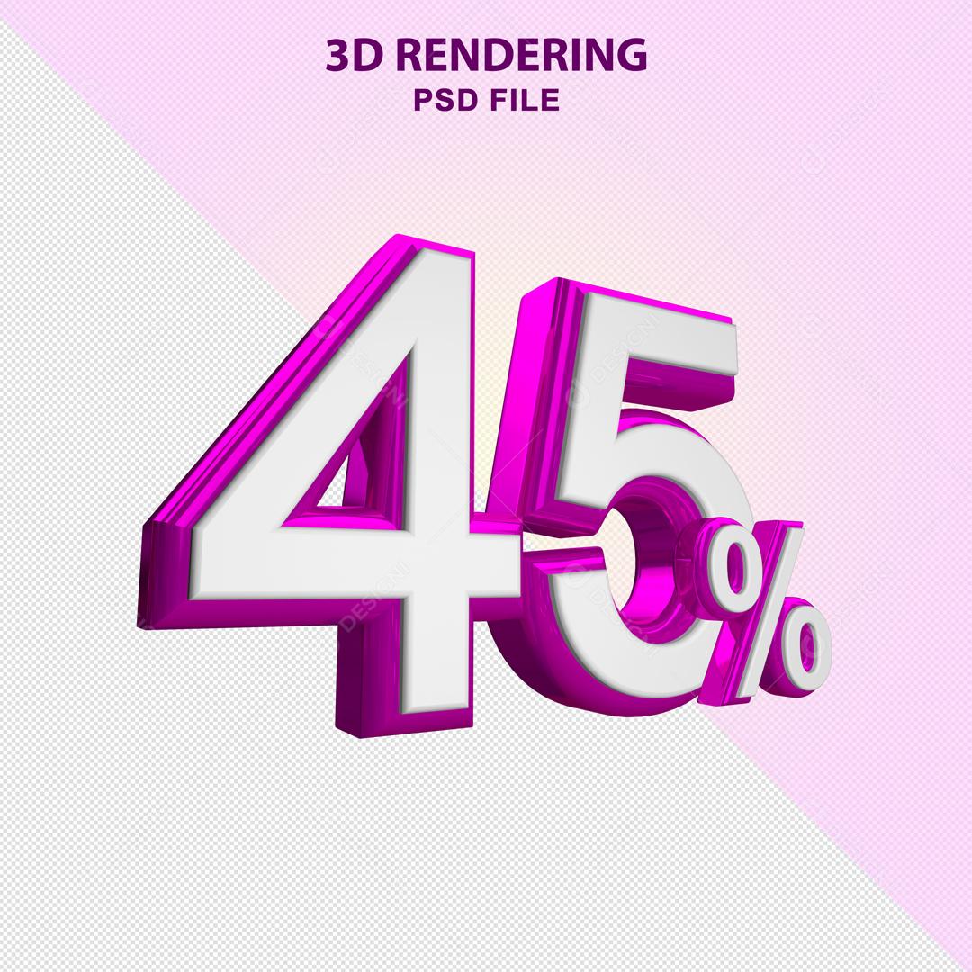 Número 3D 45% Branco com Textura Roxa Elemento Para Composição PSD