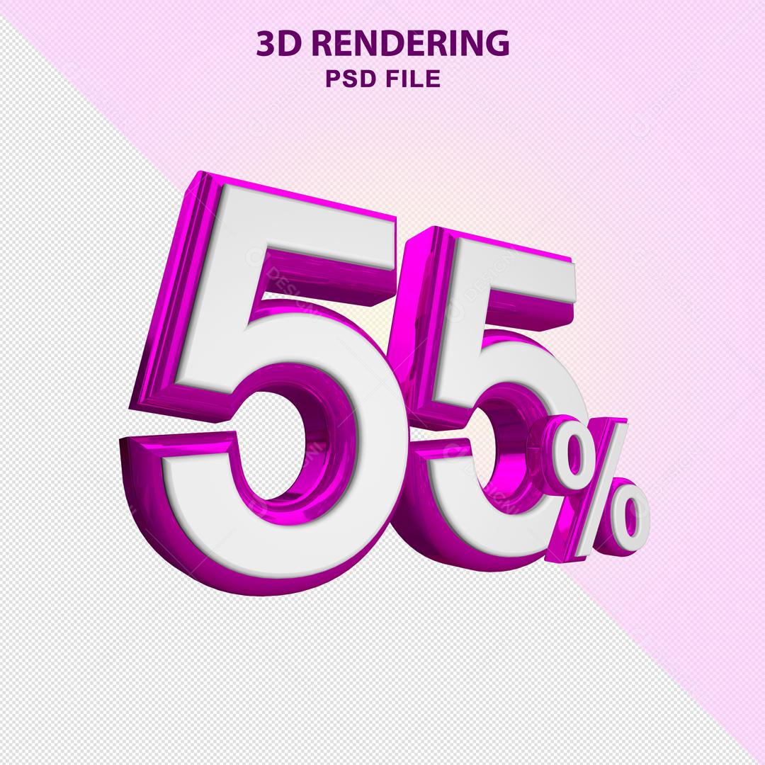 Número 3D 55% Branco com Textura Roxa Elemento Para Composição PSD