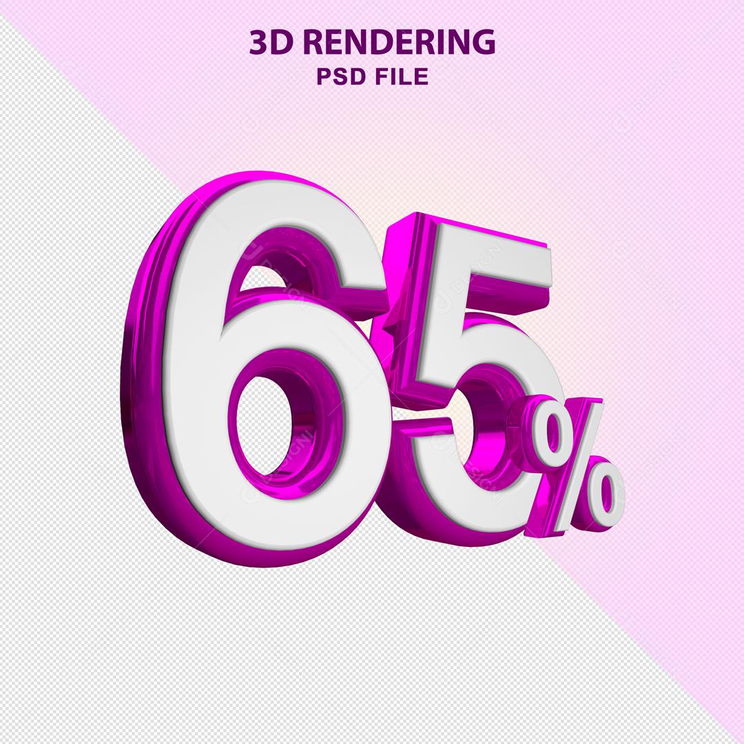 Número 3D 65% Branco com Textura Roxa Elemento Para Composição PSD